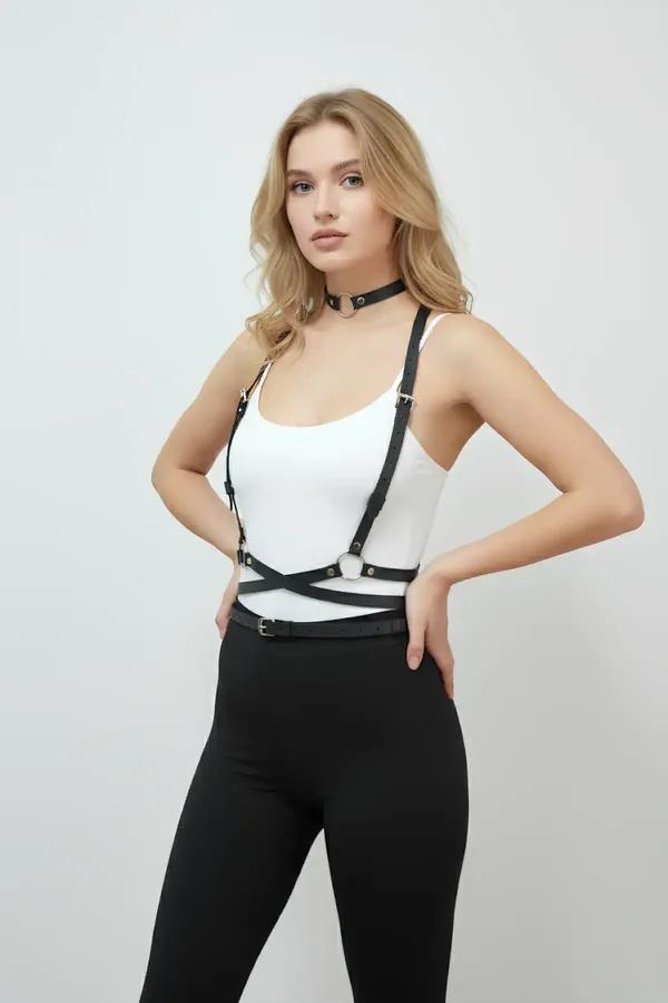 Adjustable Faux Leather Chest Harness and Choker Set
