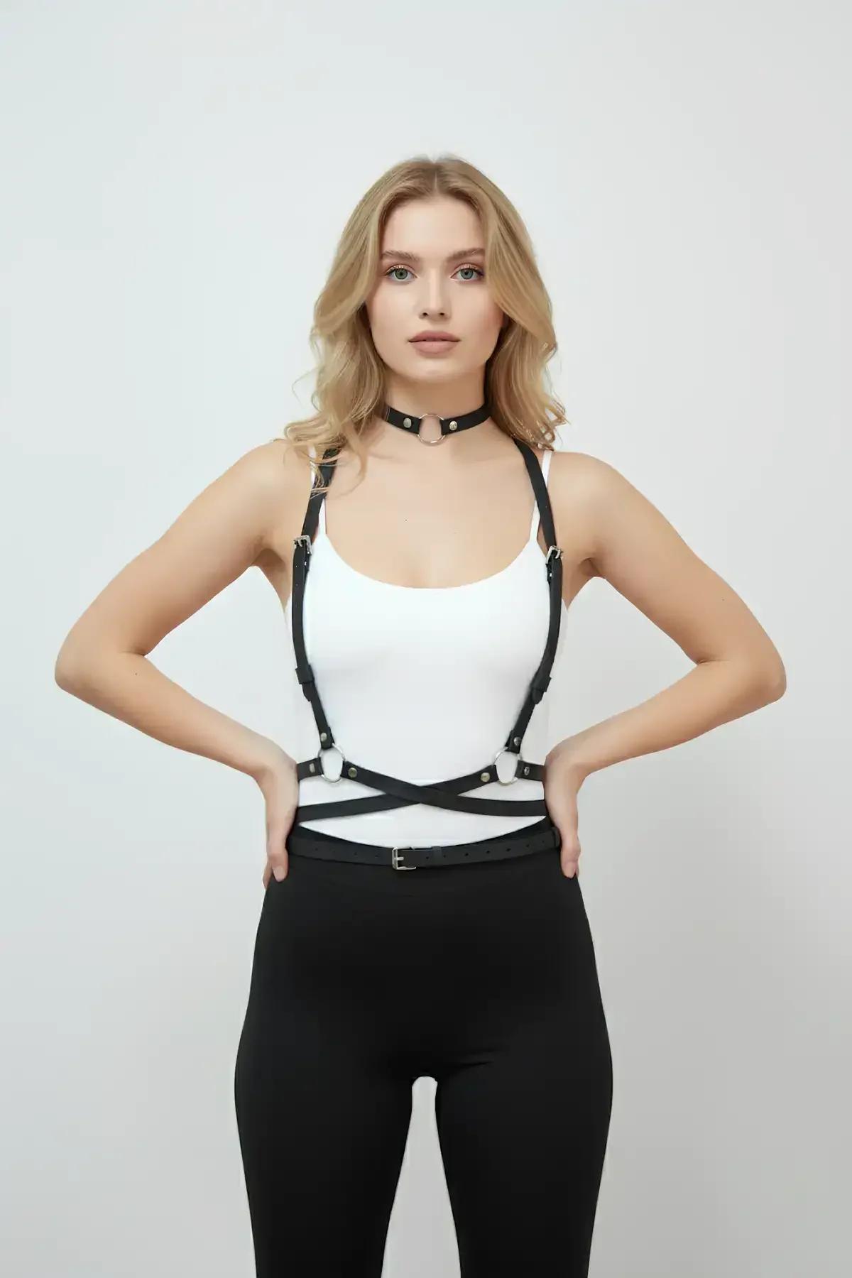Adjustable Faux Leather Chest Harness and Choker Set