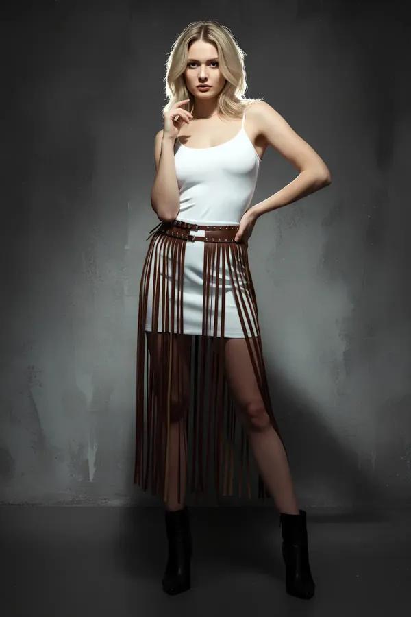 Fringed Skirt Harness with Studded Waistband
