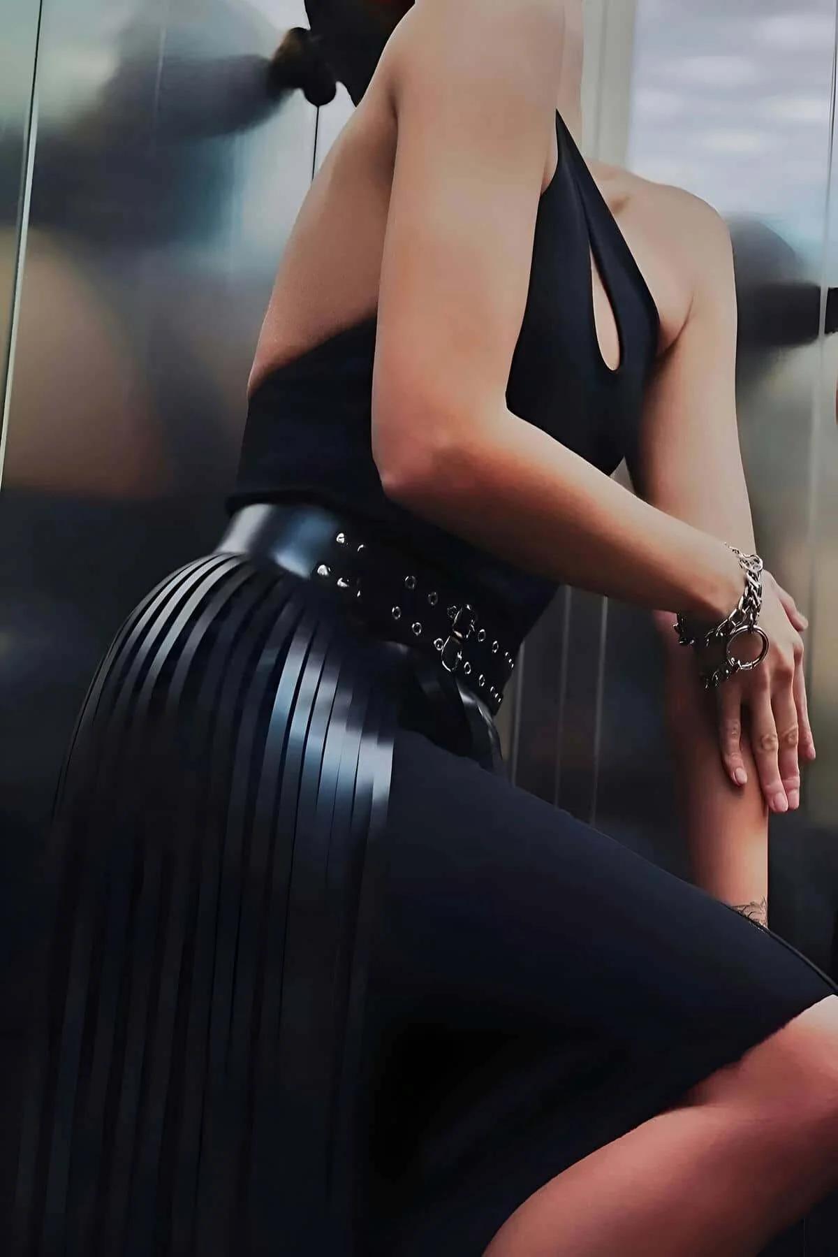 Black Fringe Waist Belt Skirt with Studs