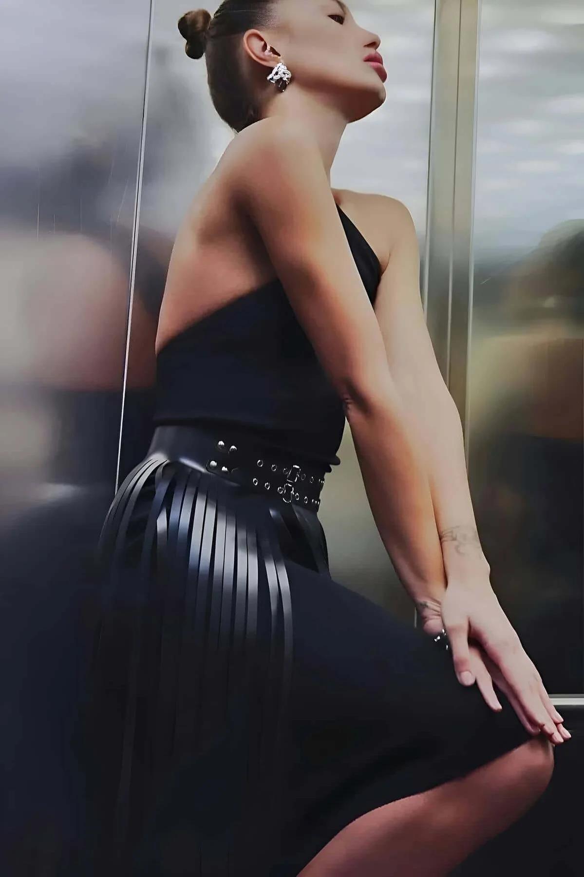 Black Fringe Waist Belt Skirt with Studs