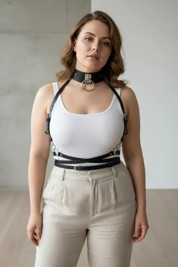 ខ្សែក្រវ៉ាត់ harness ស្បែក ពណ៌ ខ្មៅ ម៉ូដ ខ្សែ ច្រើន ជាន់ ជាមួយ កង O-Ring និង ច្រវាក់ ពណ៌ ប្រាក់ លើ អាវ ស