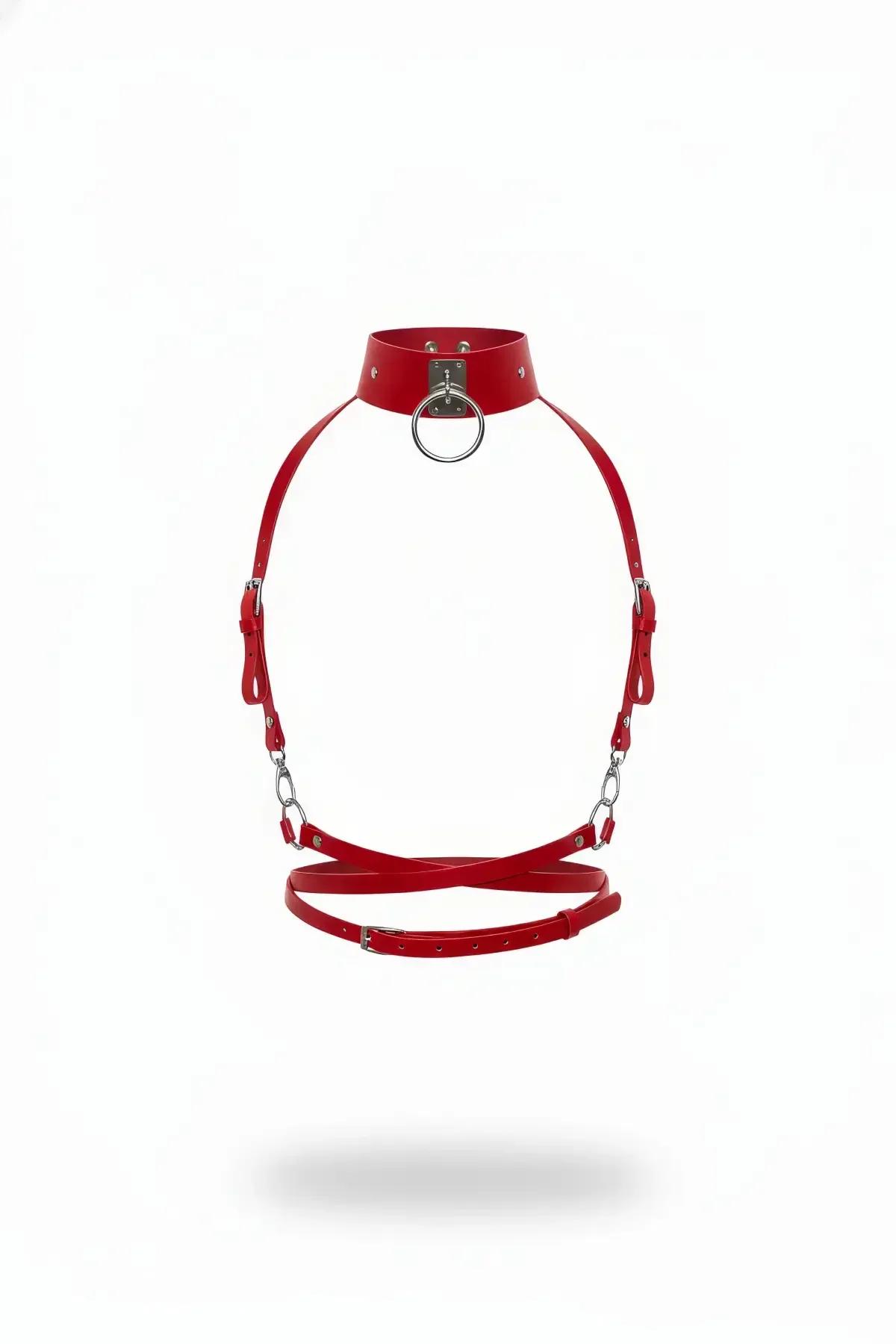 Red Faux Leather Body Harness with O-Ring Choker and Chains