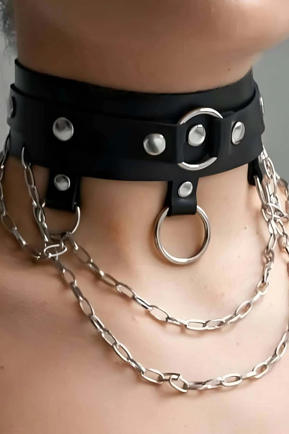 Studded Faux Leather Choker with Layered Chain & O-Ring