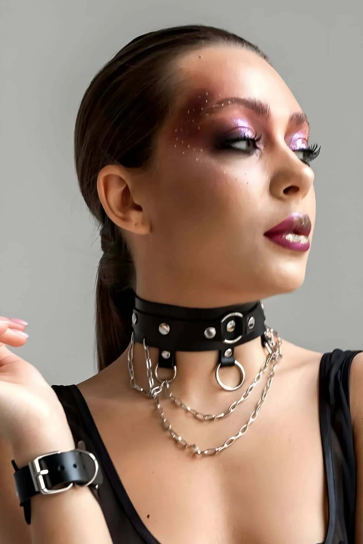 Studded Faux Leather Choker with Layered Chain & O-Ring