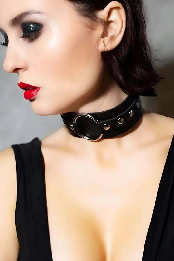Wide Black Faux Leather Choker with O-Ring and Studs