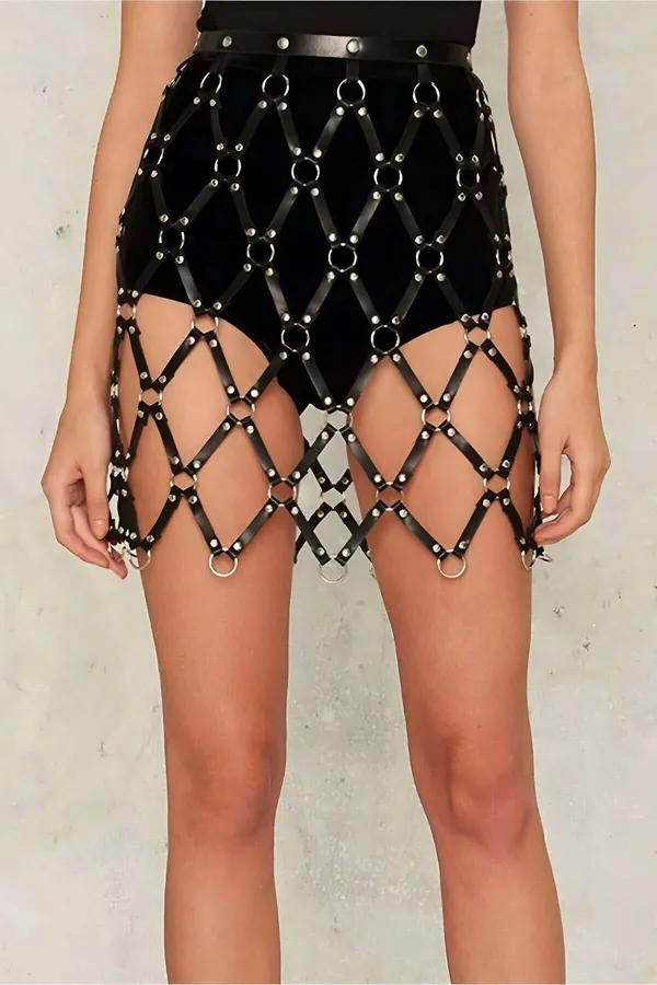 Faux Leather Grid Harness Skirt with O-Rings & Studs