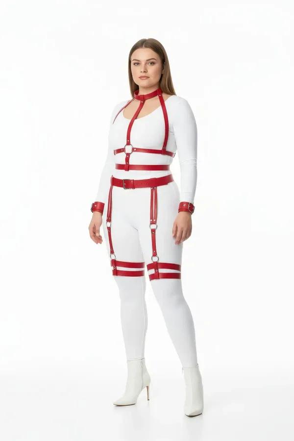 Red Full Body Harness Set with Garter Straps & Cuffs