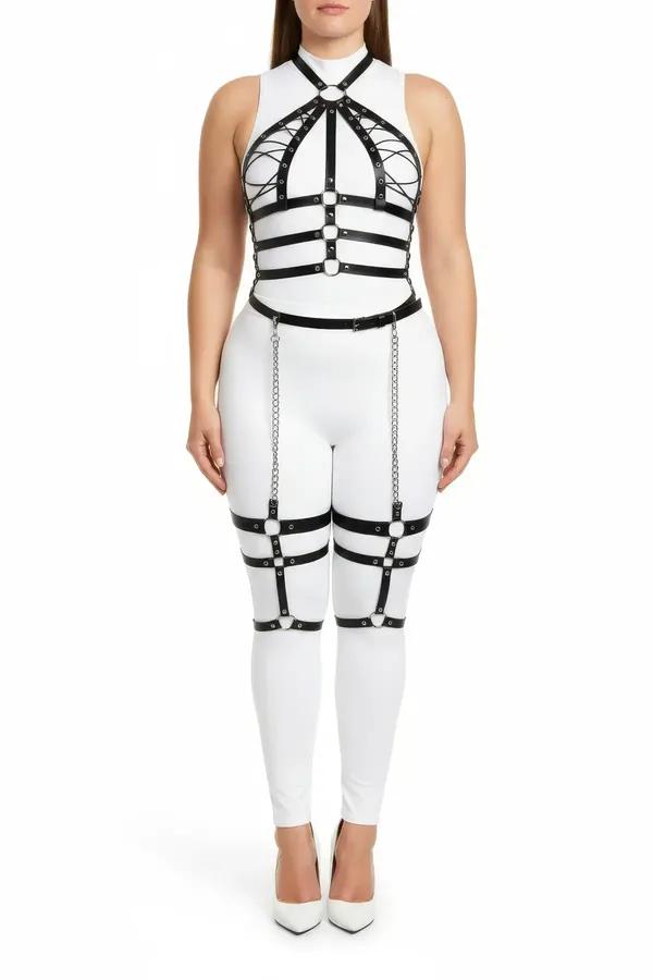 Plus Size Faux Leather Full Body Harness with Thigh Chains