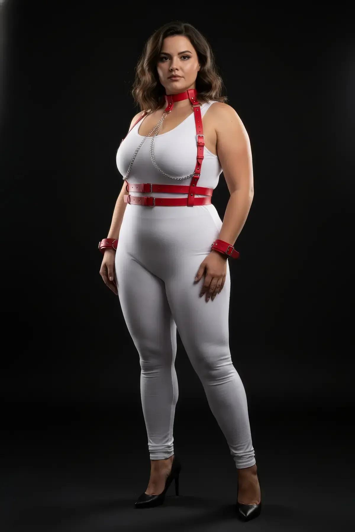 Red Faux Leather Chest Harness & Collar Set with Chain
