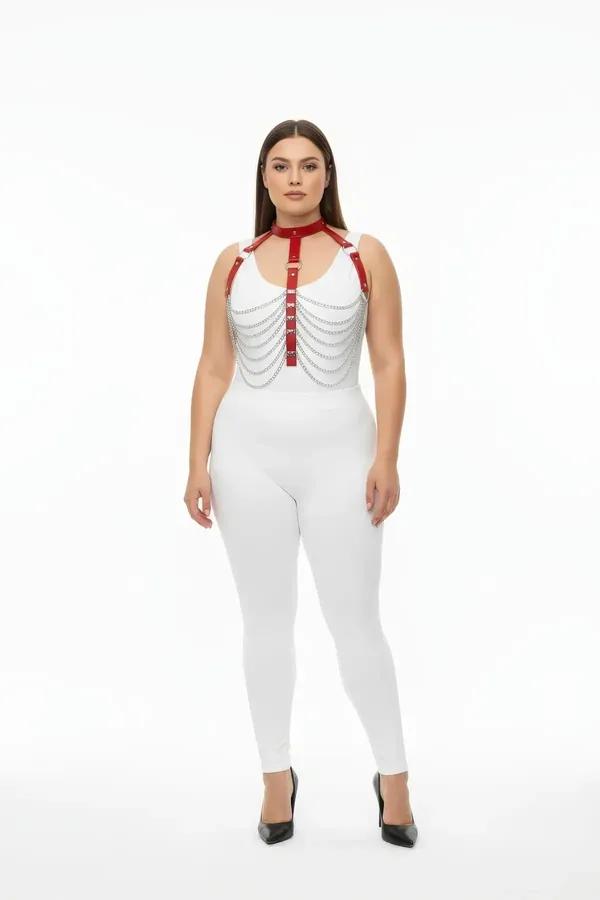 Chain Detail Red Faux Leather Body Harness