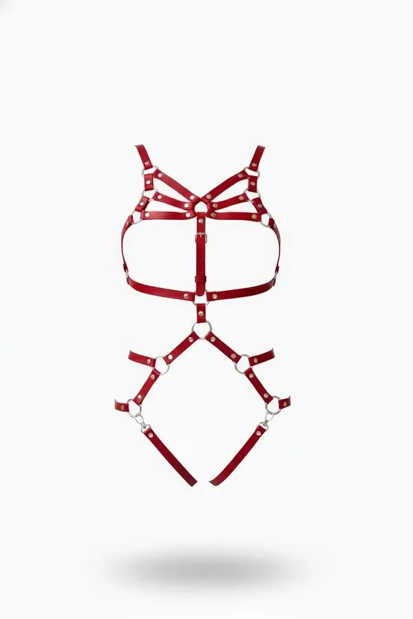 Adjustable Red Faux Leather Full Body Harness