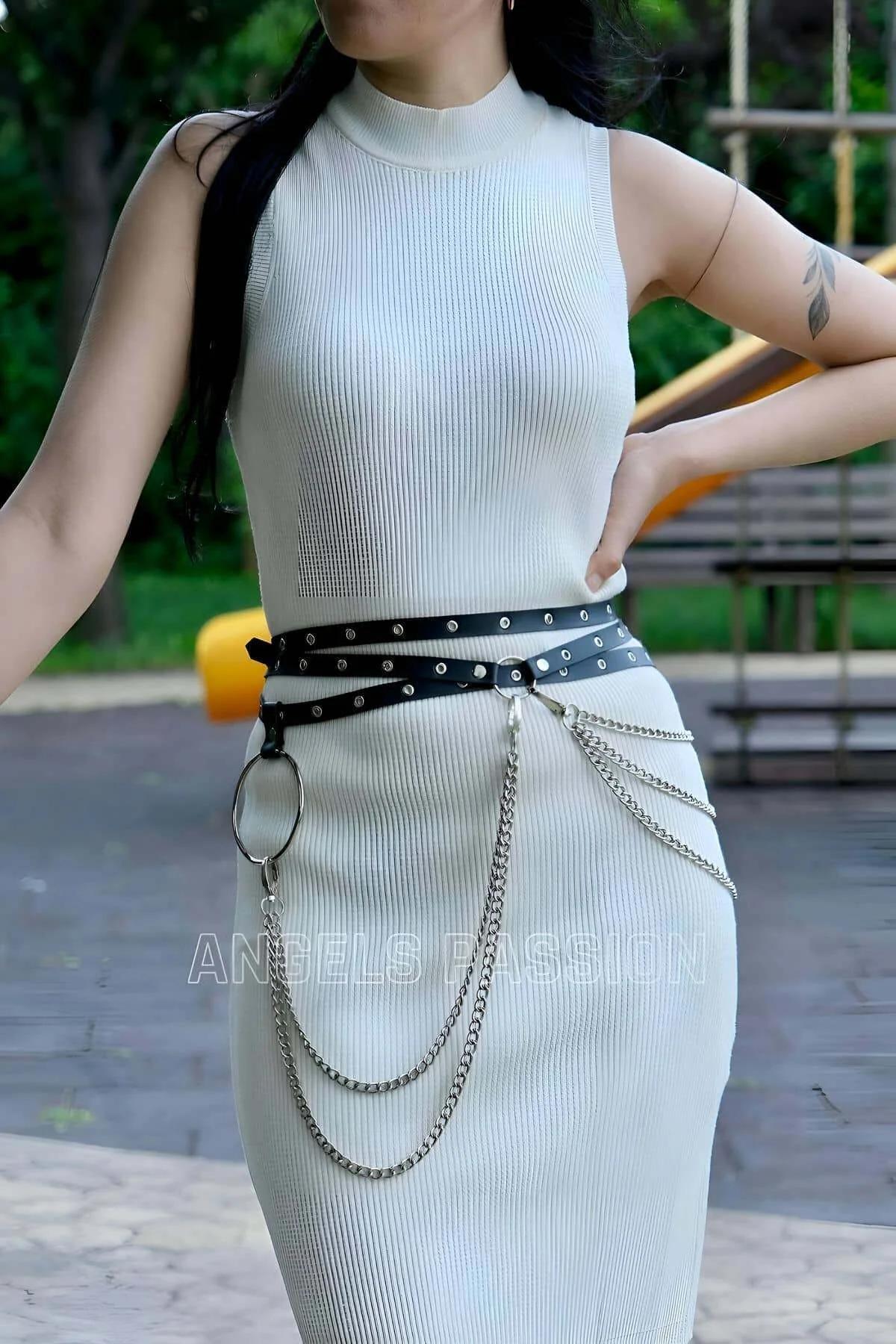 Studded Faux Leather Belt with Layered Chains