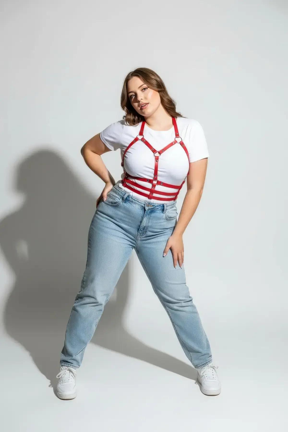 Red Strappy Chest & Waist Faux Leather Harness