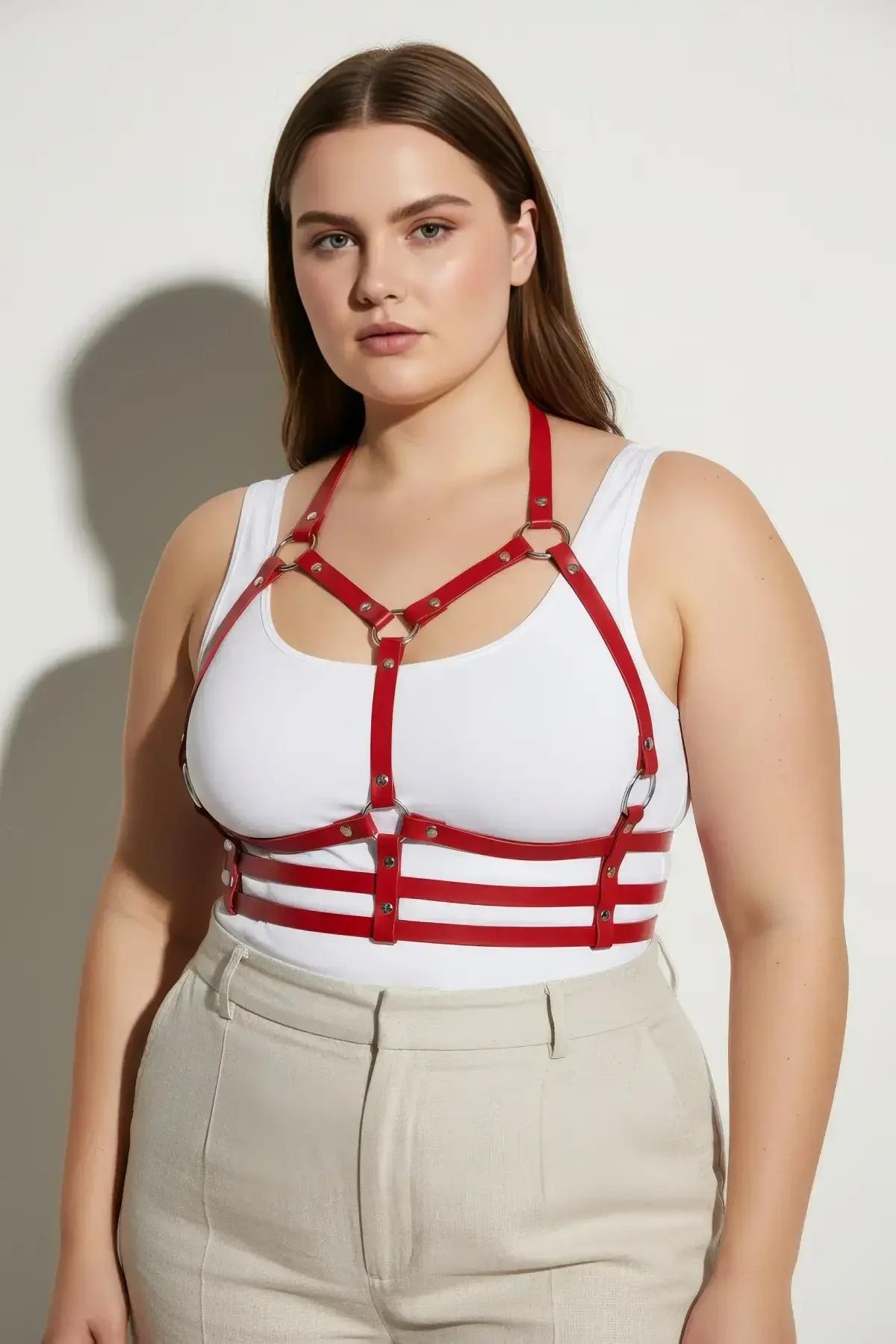 Red Strappy Chest & Waist Faux Leather Harness