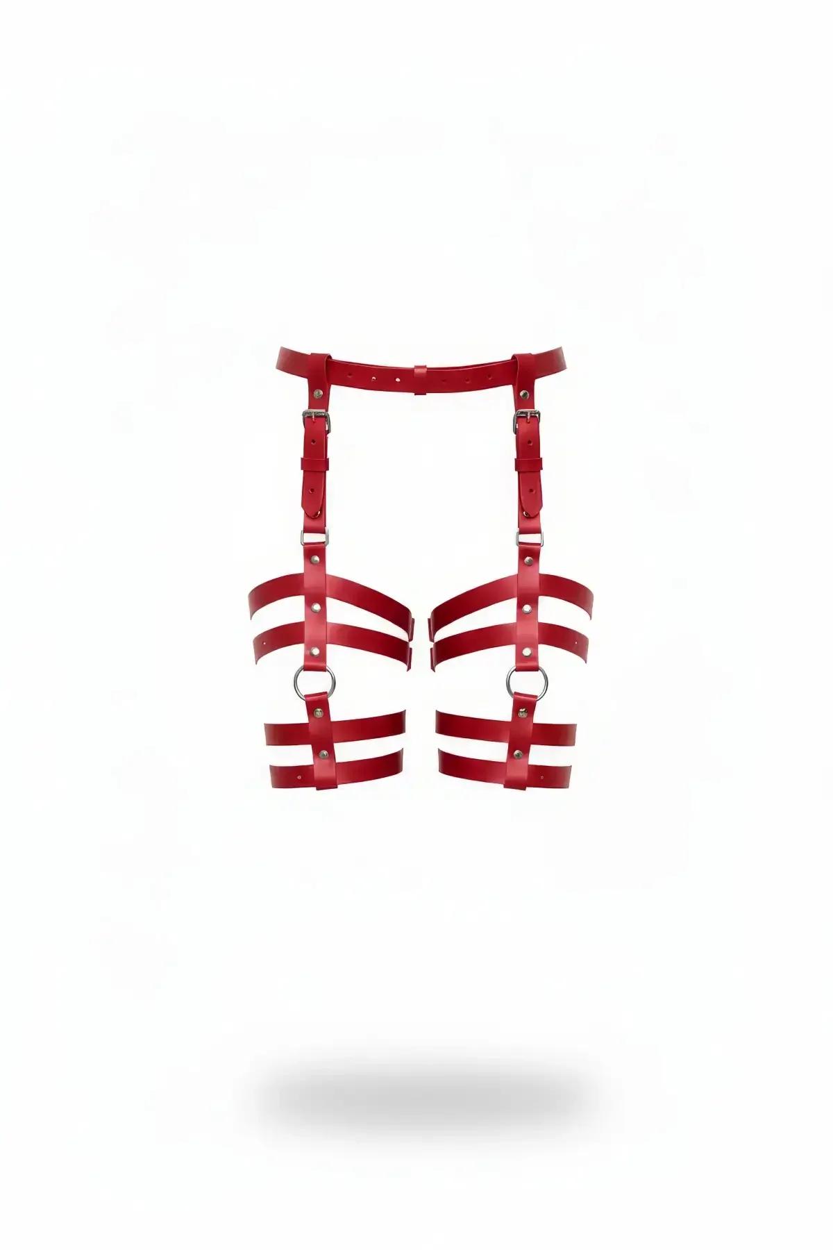 Red Vegan Leather Caged Leg Garter Harness with Adjustable Straps