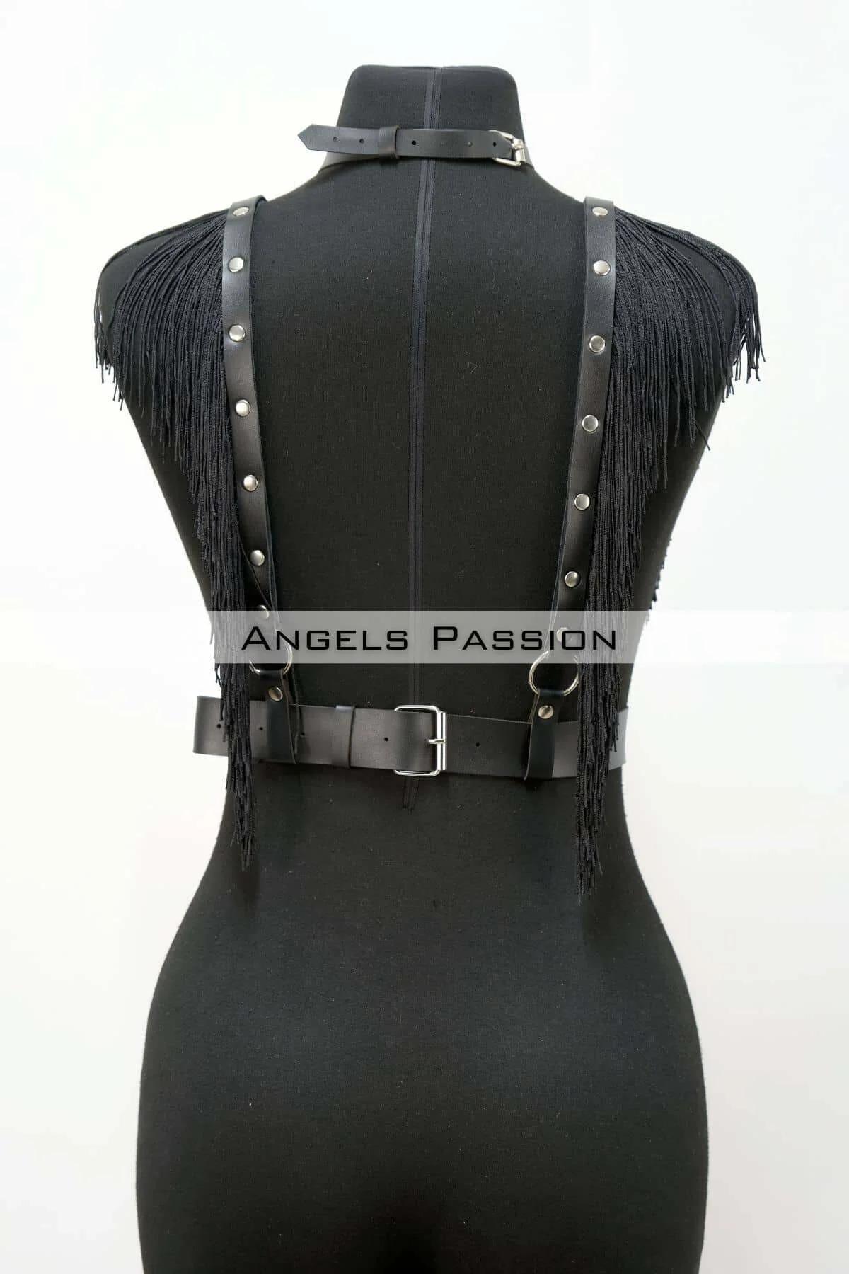 Black Faux Leather Fringe Chest Harness