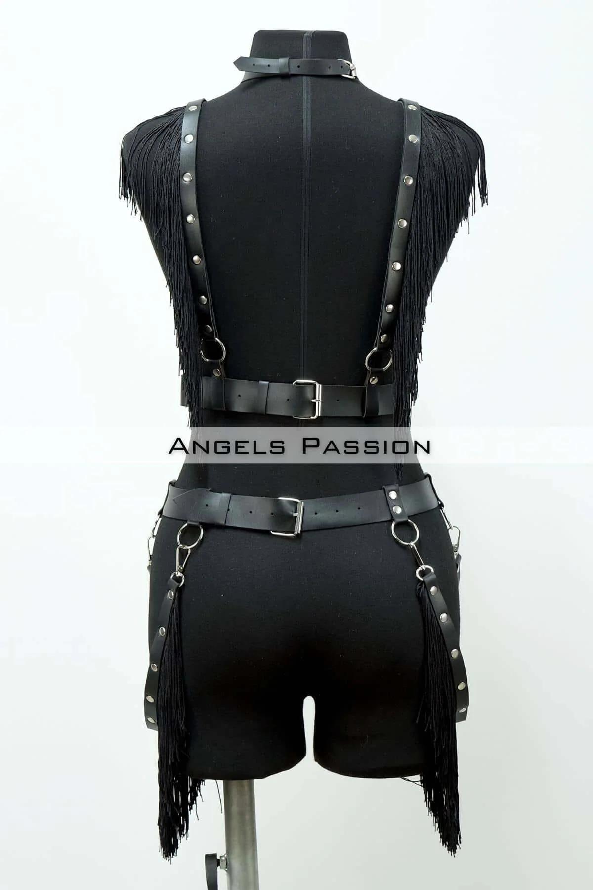 Black Fringe Body Harness & Thigh Garters Set