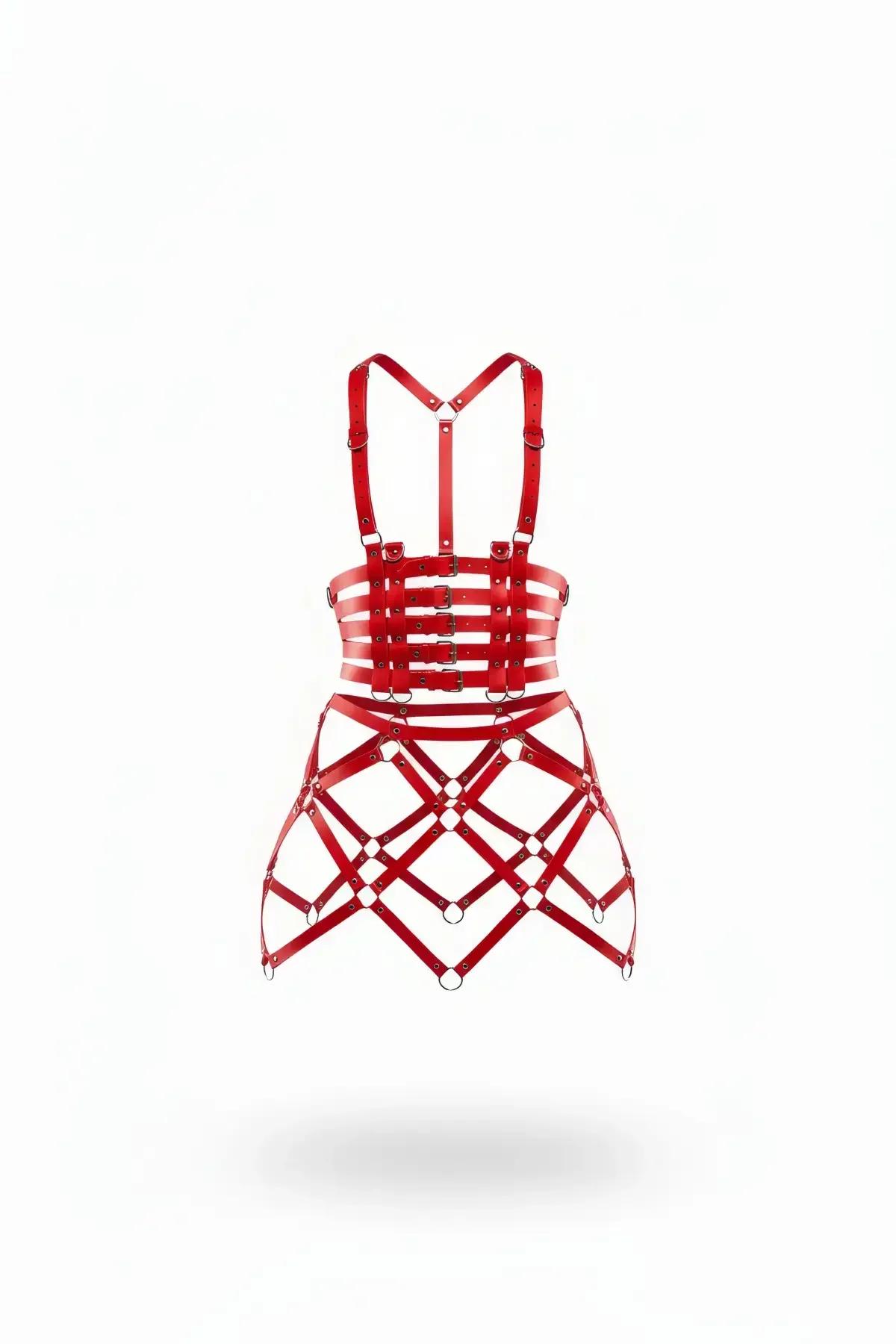 Red Faux Leather Bustier Cage Skirt Harness Set