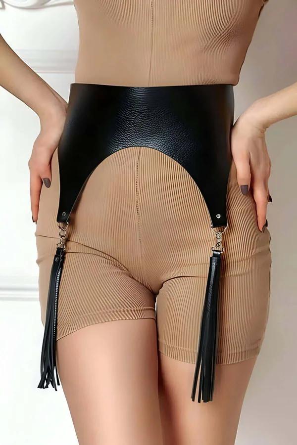 Wide Faux Leather Waist Harness with Detachable Tassels
