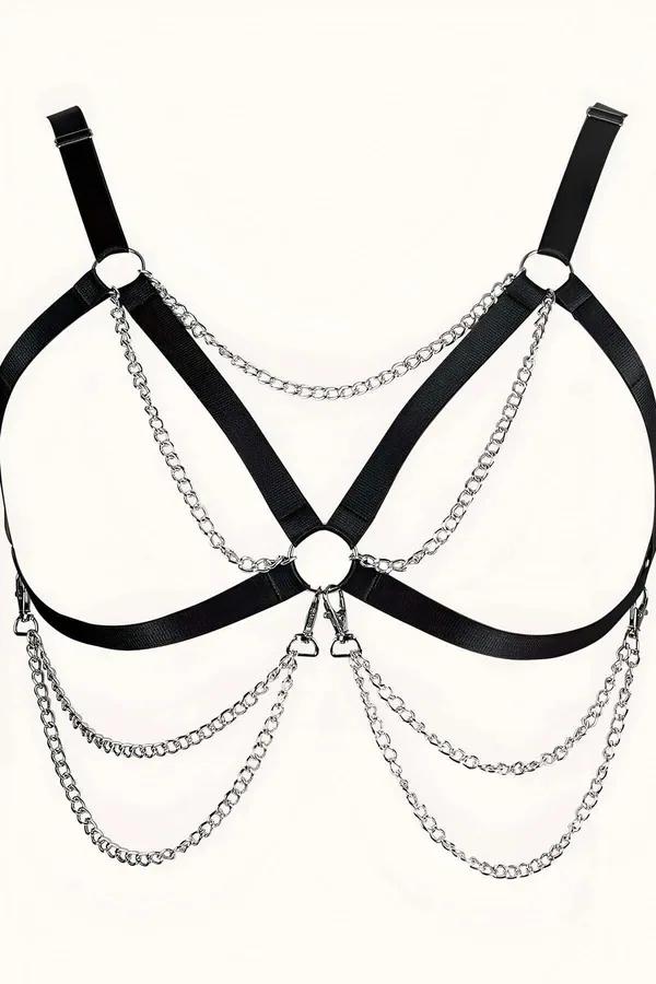 Chest Harness with Layered Silver Chains