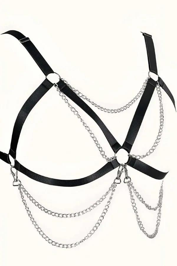 Chest Harness with Layered Silver Chains