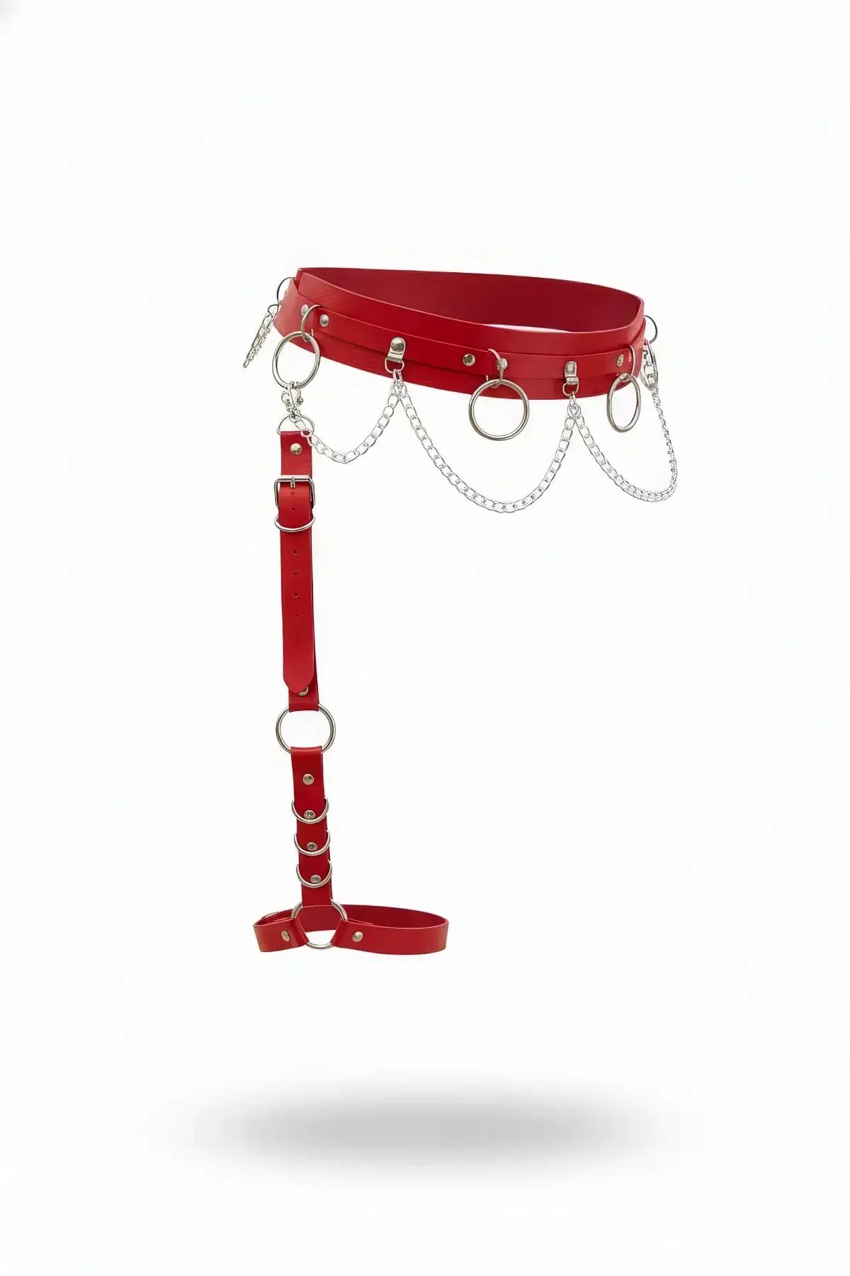 Red Faux Leather Waist & Leg Garter Harness with Chains