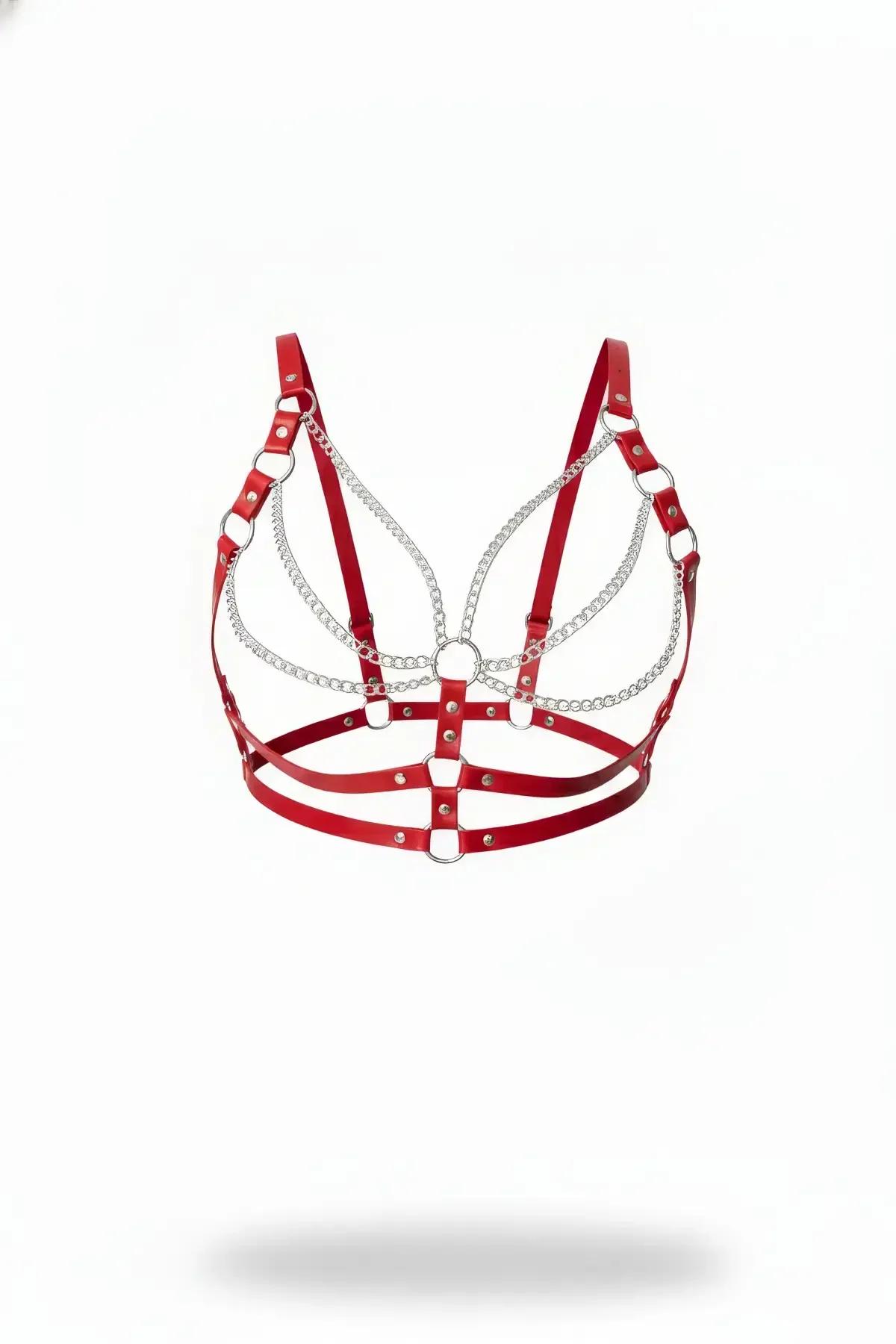 Red Faux Leather Harness Bra with Cascading Chains