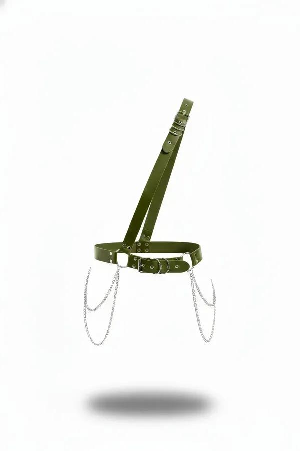 Olive Vegan Leather Asymmetric Shoulder Harness with Chains