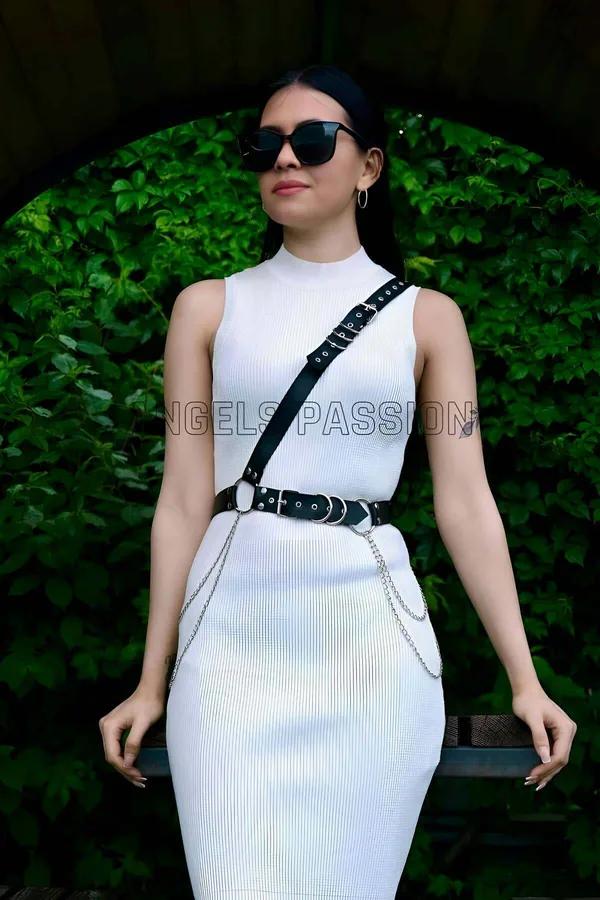 Asymmetric Chest Harness with Wide Belt & Draping Chains