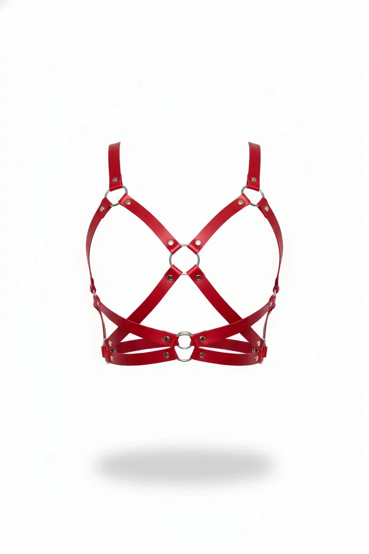 Red O-Ring X-Strap Faux Leather Harness Bra