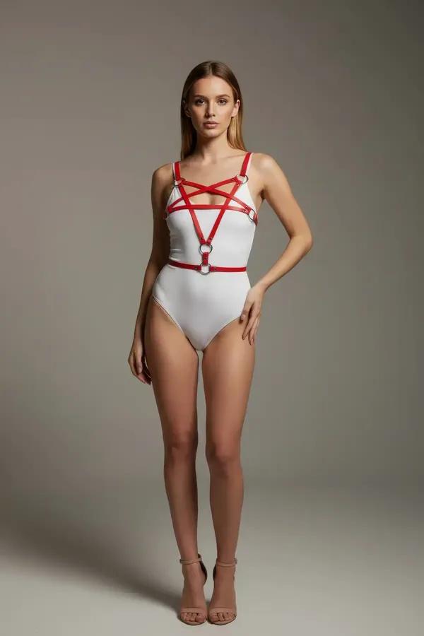 Red Cross-Strap Body Harness with O-Ring Details