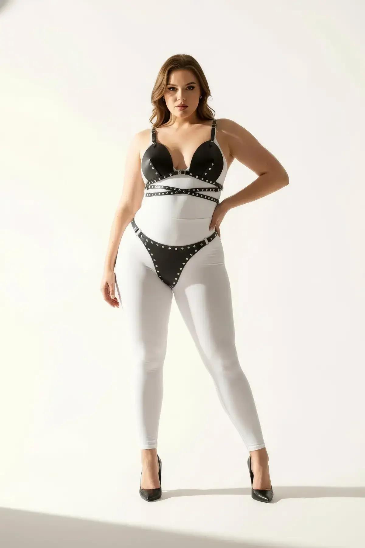 Studded Faux Leather Bra Top & Thong Harness Set