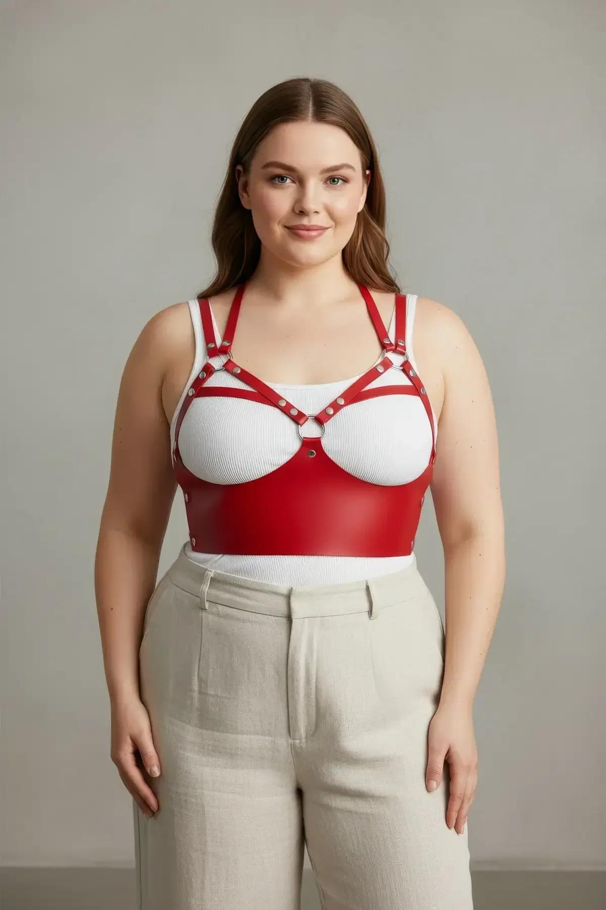 Red Faux Leather Strappy Chest Harness Bra with Studs