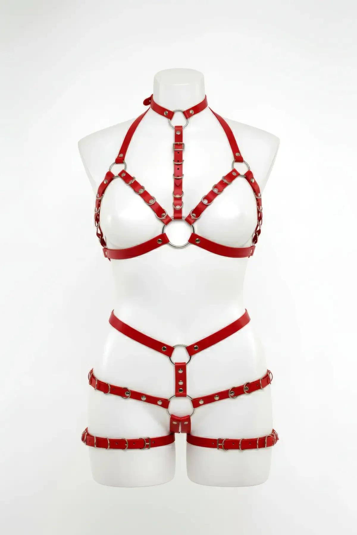 Red Faux Leather Full Body Harness with O-Ring Detail