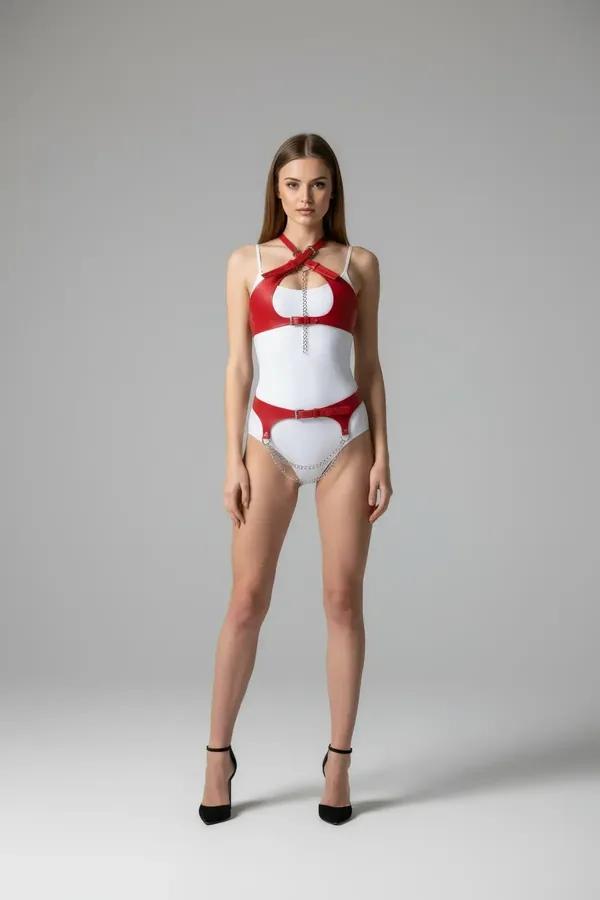 Red Faux Leather Chest Harness & Garter Belt Set