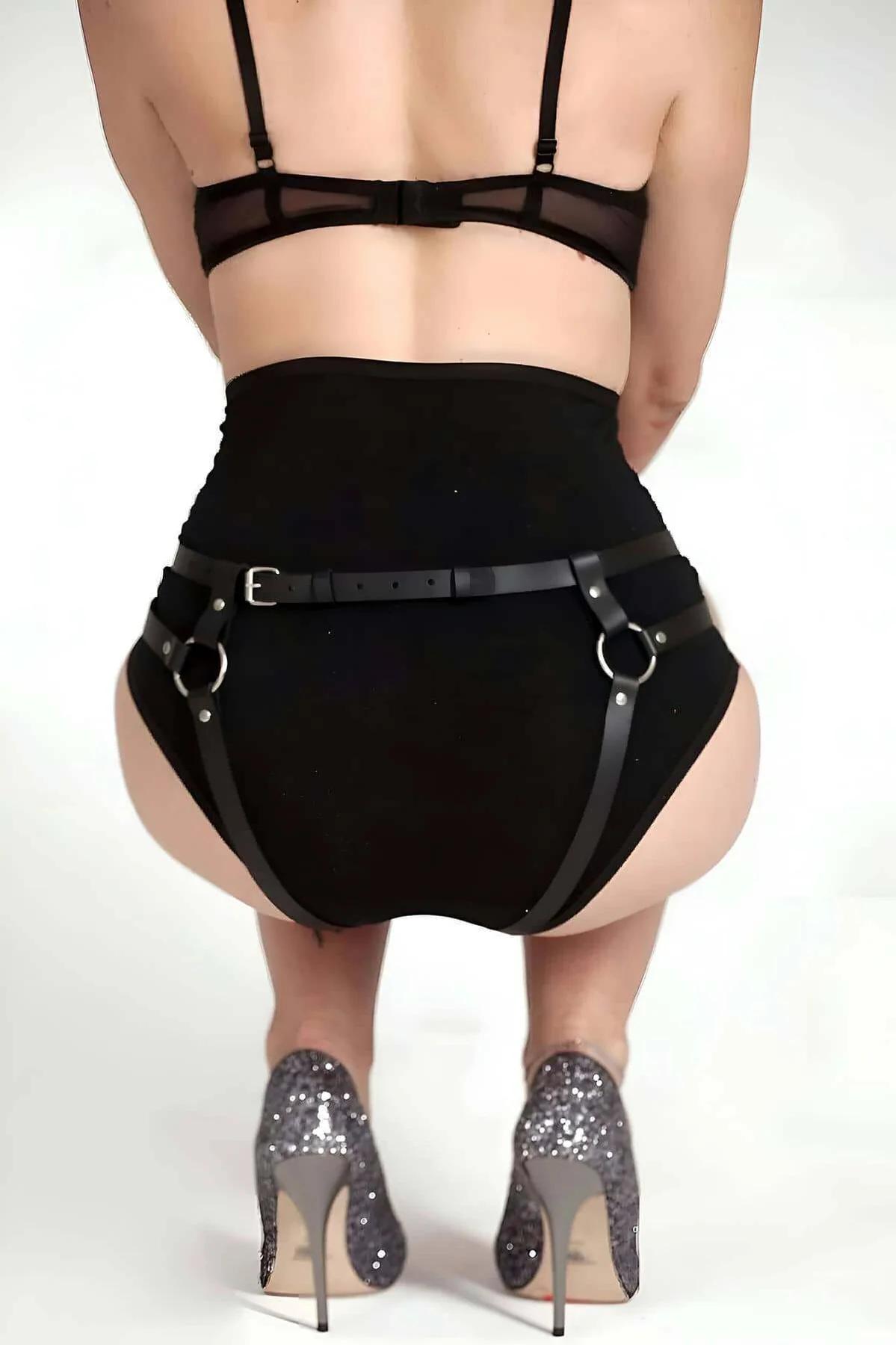 Adjustable Faux Leather Thigh Harness Panty with O-Rings