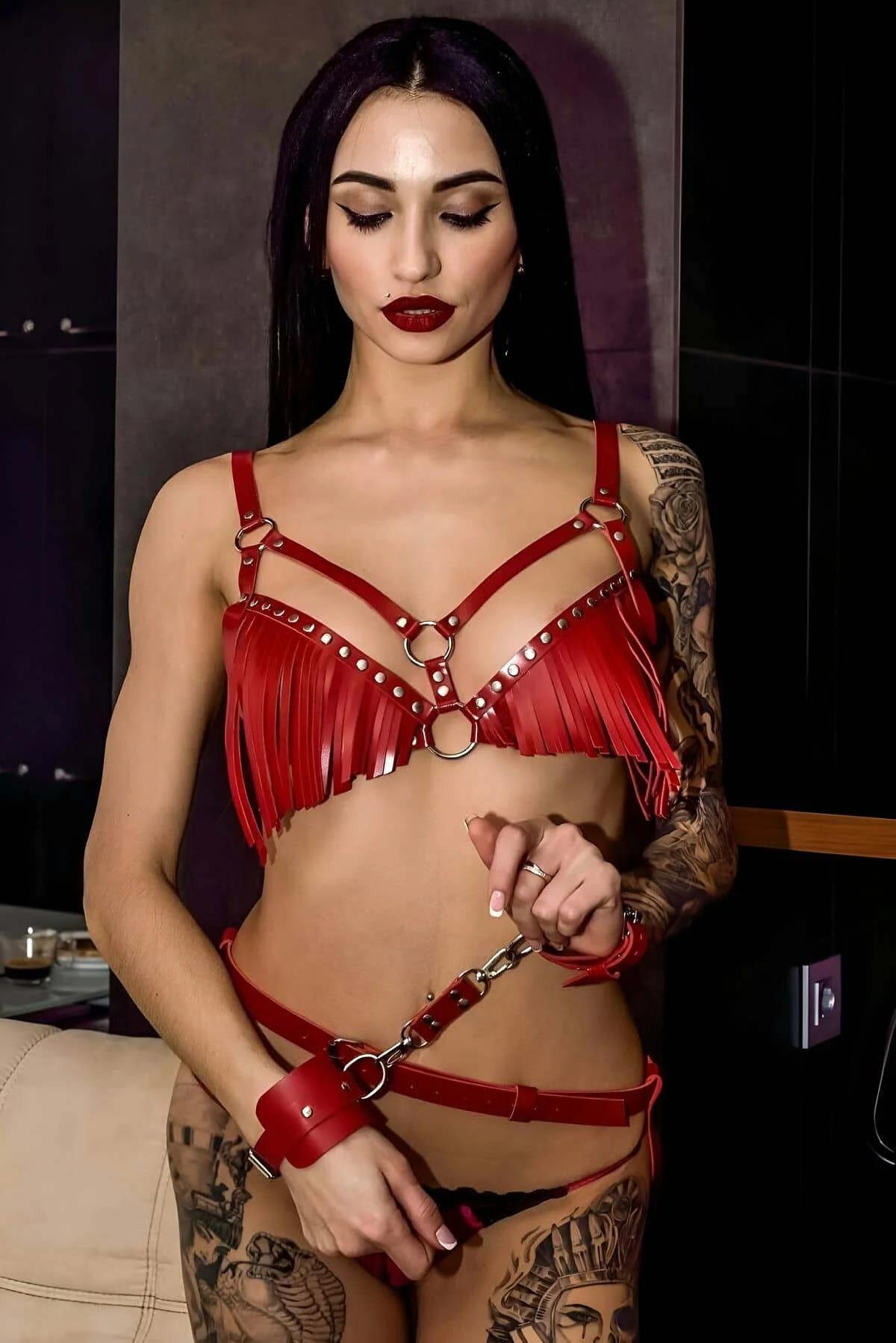 Red Fringe Chest Harness & Hip Belt Set with Collar