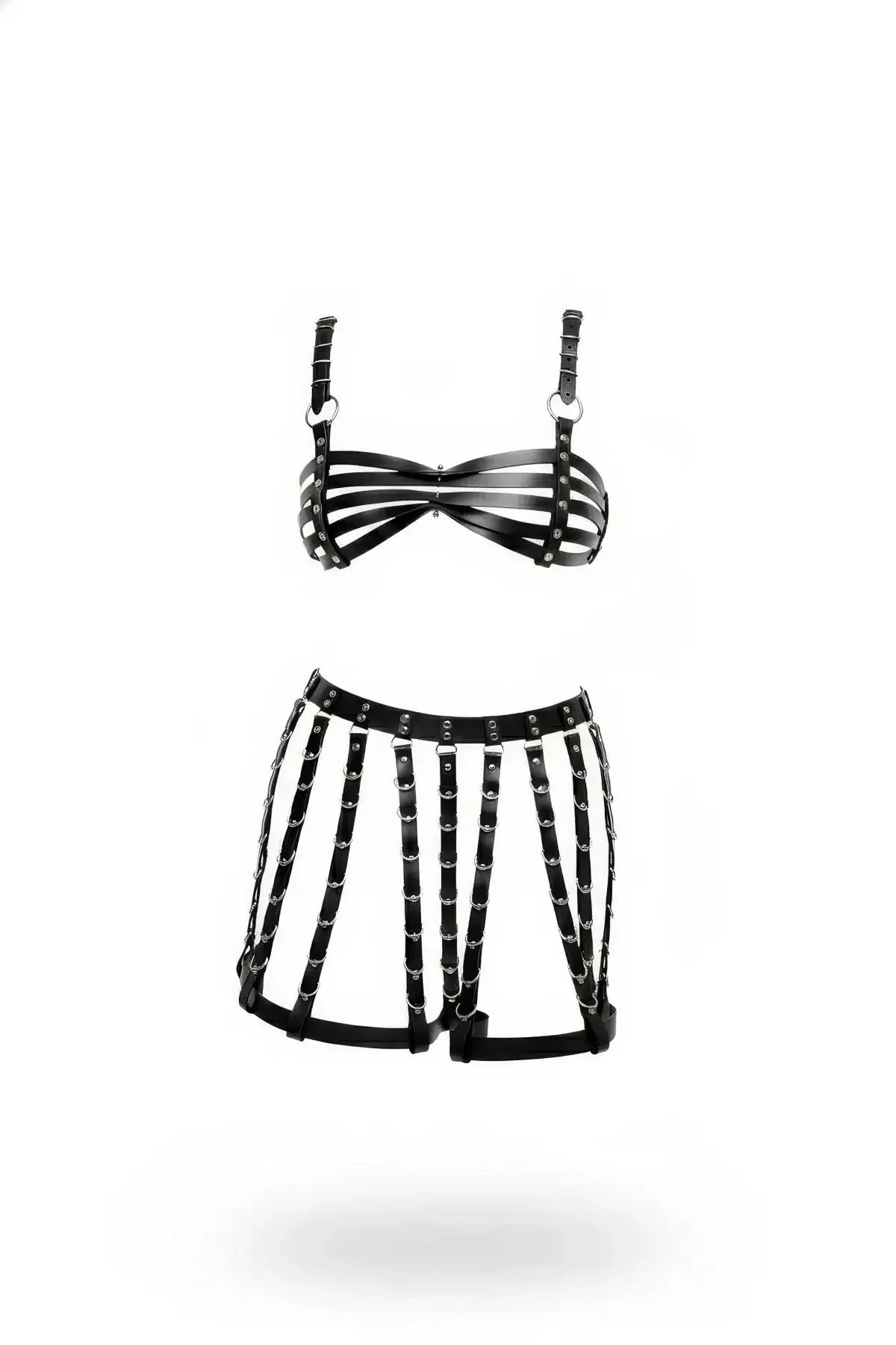 Faux Leather Strappy Cage Bra & Harness Skirt Set