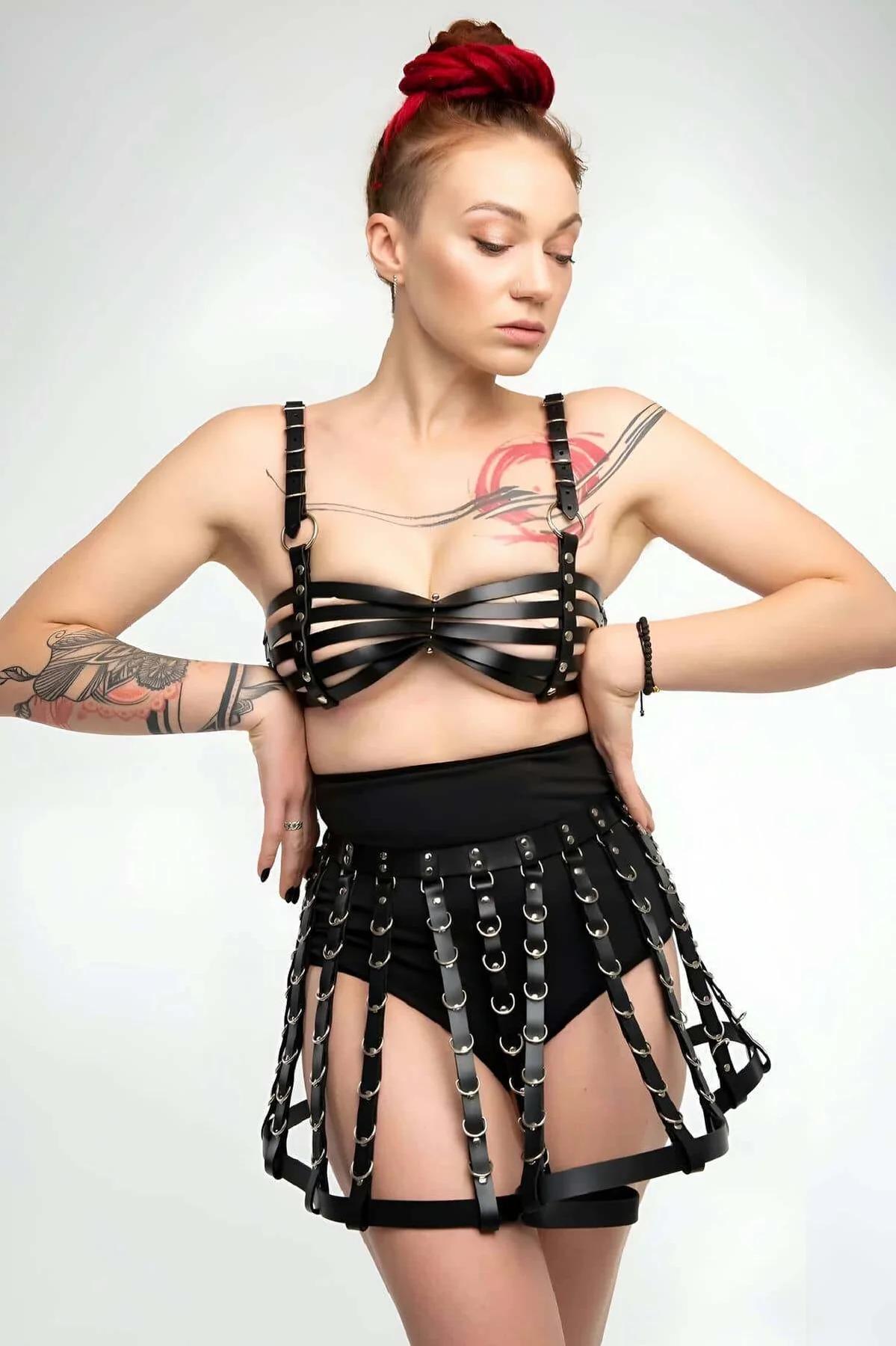 Faux Leather Chest Harness & Skirt Set with O-Rings