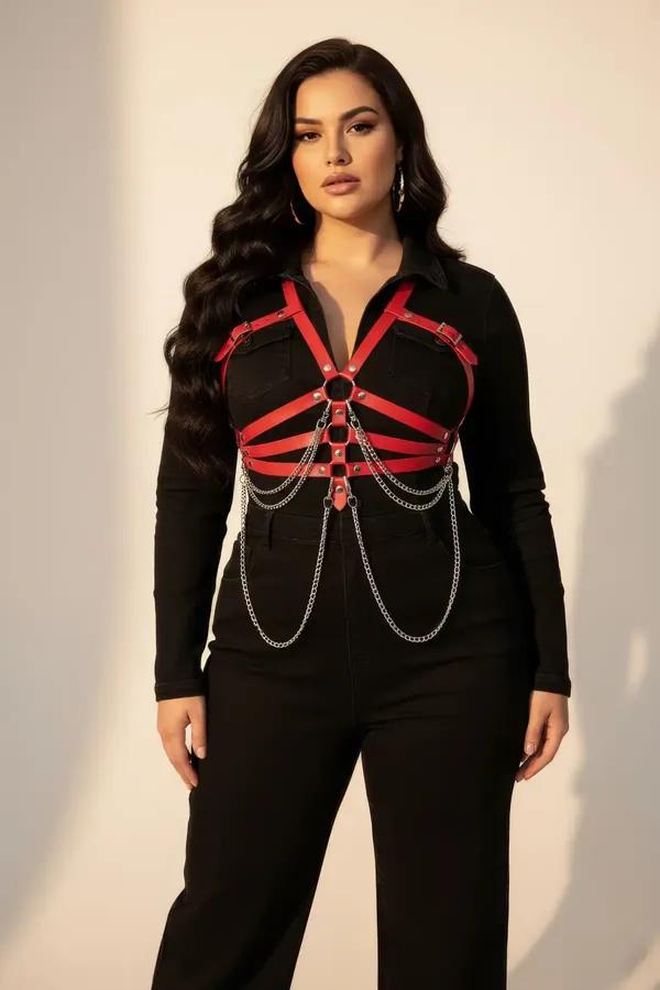 Red Faux Leather Chest Harness with Draping Chains
