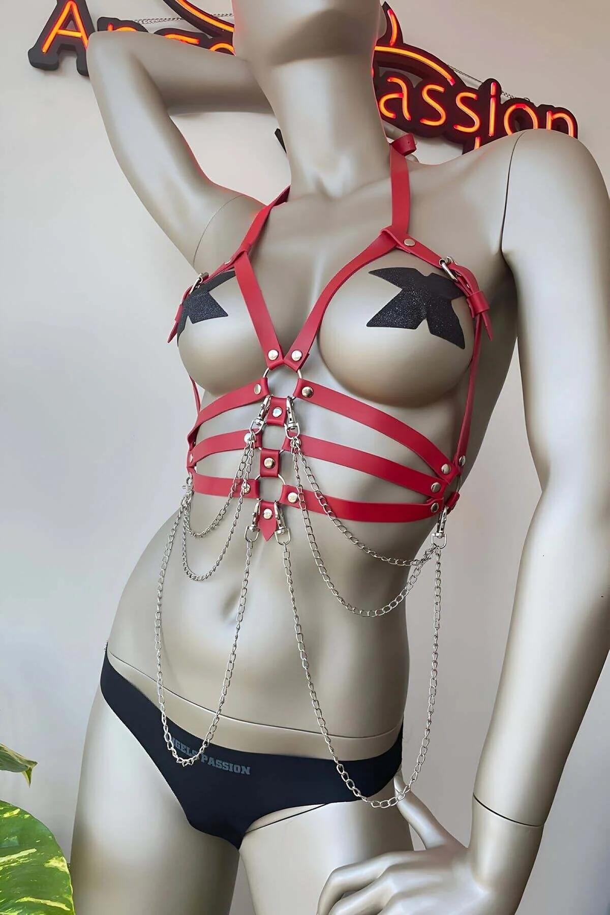Red Faux Leather Chest Harness with Draping Chains