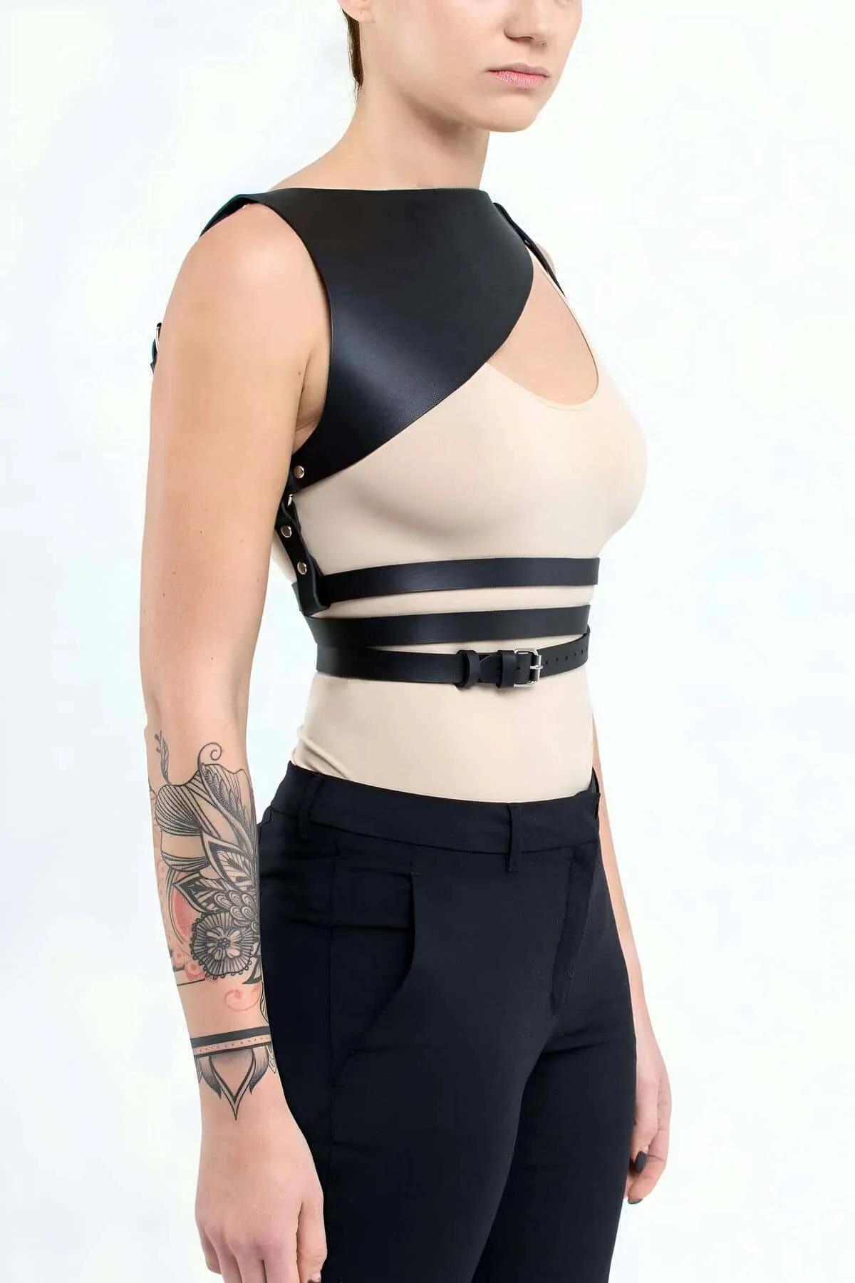 Asymmetrical Faux Leather Body Harness with Buckle Details