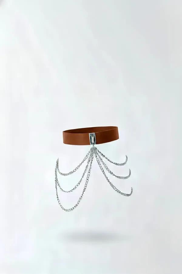 Tan Faux Leather Waist Harness with Draped Chains