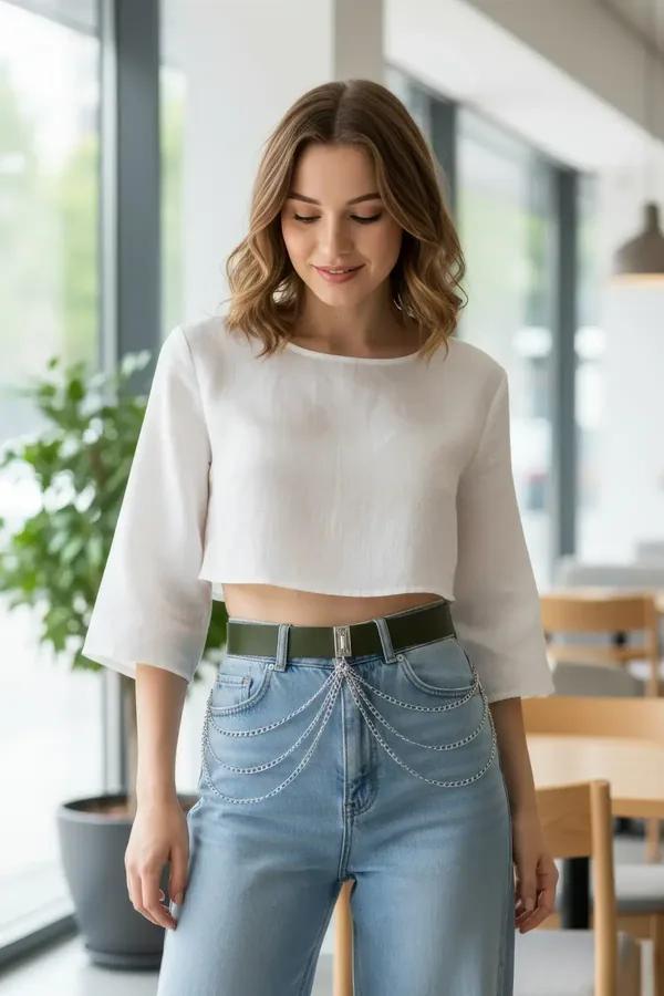 Multi-Layer Chain Hip Belt with Adjustable Khaki Webbing