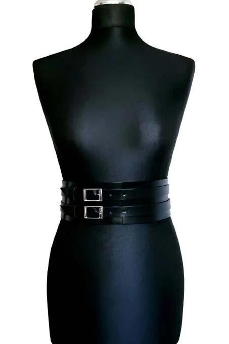Wide Faux Leather Waist Belt Harness with Double Buckles