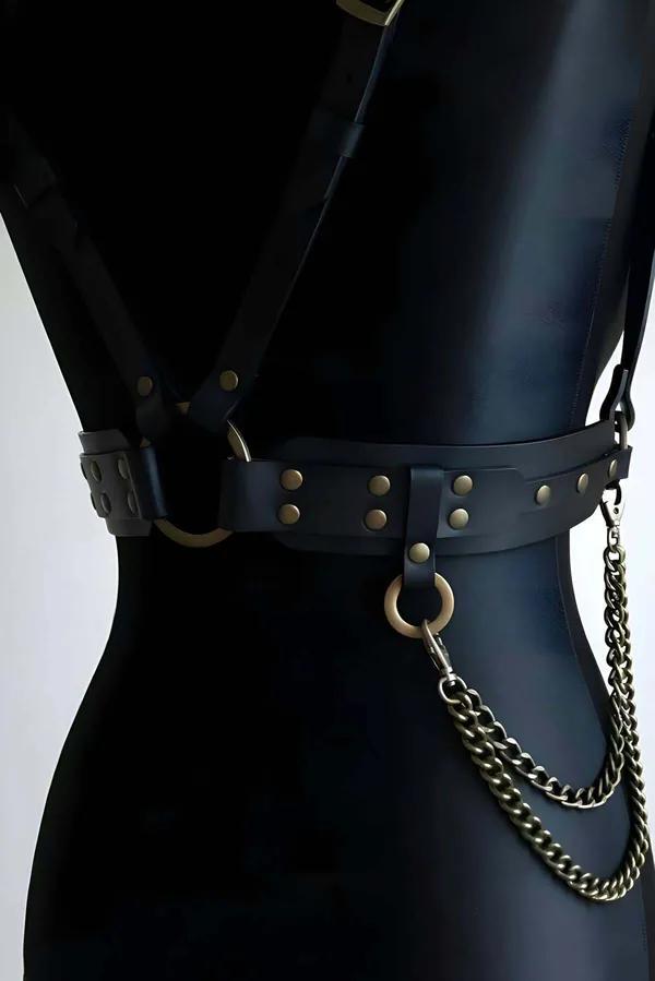 Black Faux Leather Body Harness with Chain