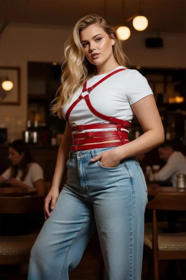 Red Faux Leather Waist & Chest Harness Set