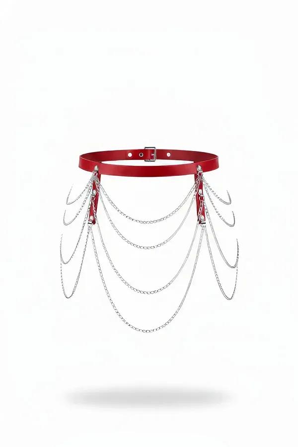 Red Faux Leather Waist Harness with Draped Chains