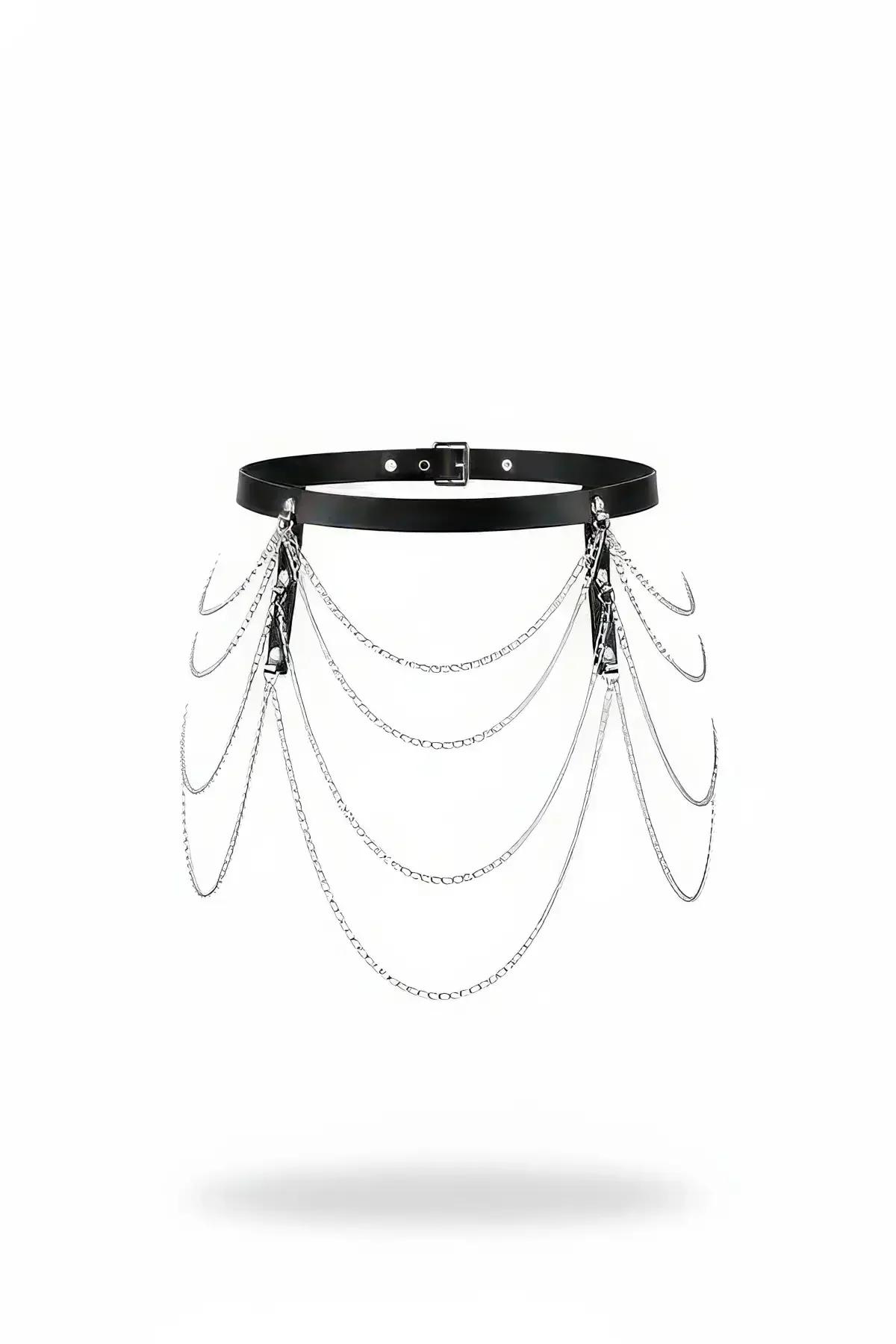 Faux Leather Waist Belt with Draped Silver Chains